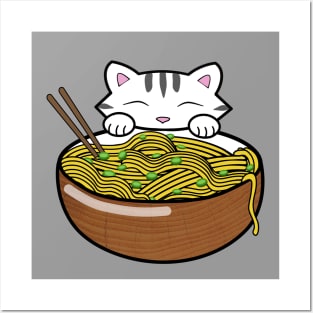 Cute cat eating ramen Posters and Art